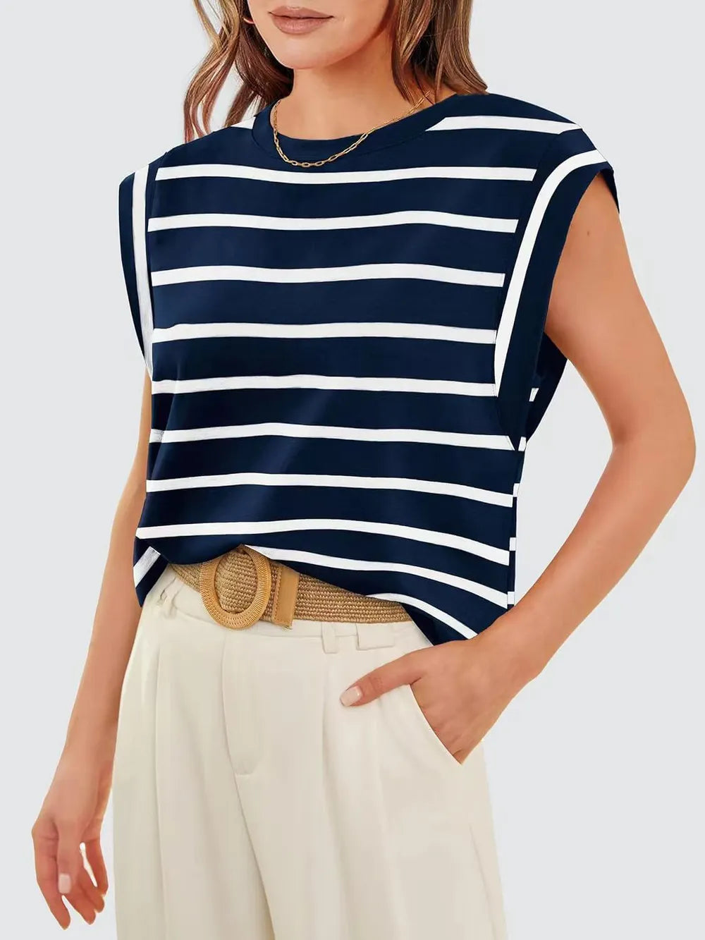 Striped Round Neck Cap Sleeve T-Shirt 