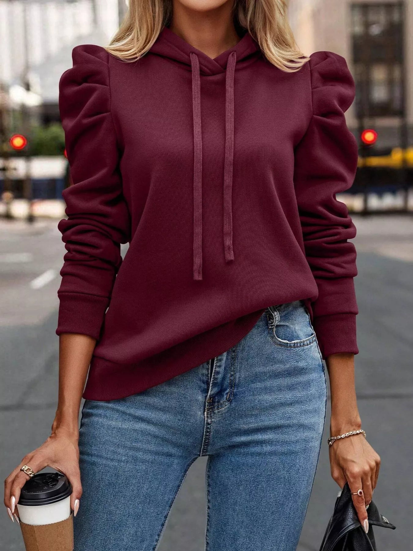 Puff Sleeve Hoodie with Drawstring 