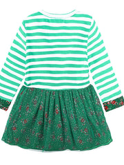 Children's Christmas Reindeer Applique Striped Long Sleeve Dress 