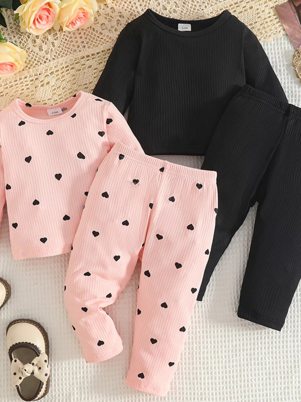 Children's Heart Print Ribbed Top and Pants Set 