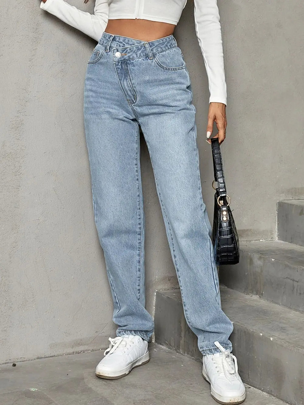 Asymmetrical Waist Straight Leg Jeans 