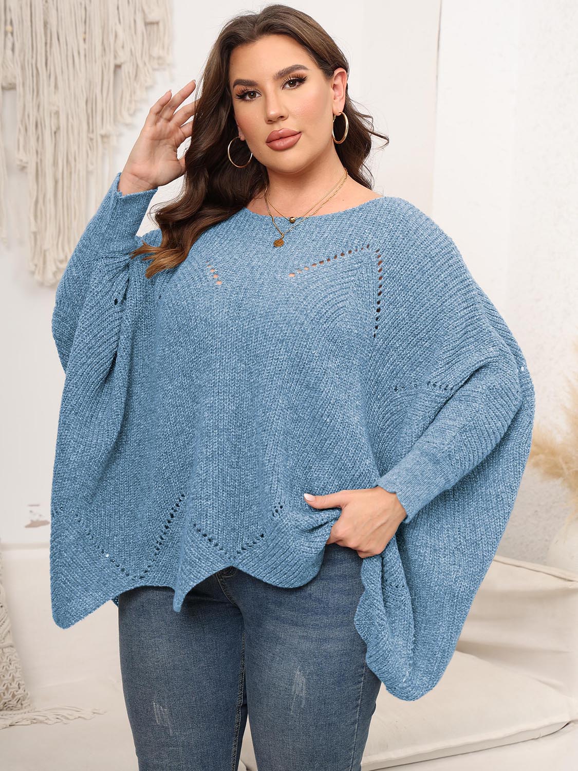 Plus Size Round Neck Batwing Sleeve Sweater 