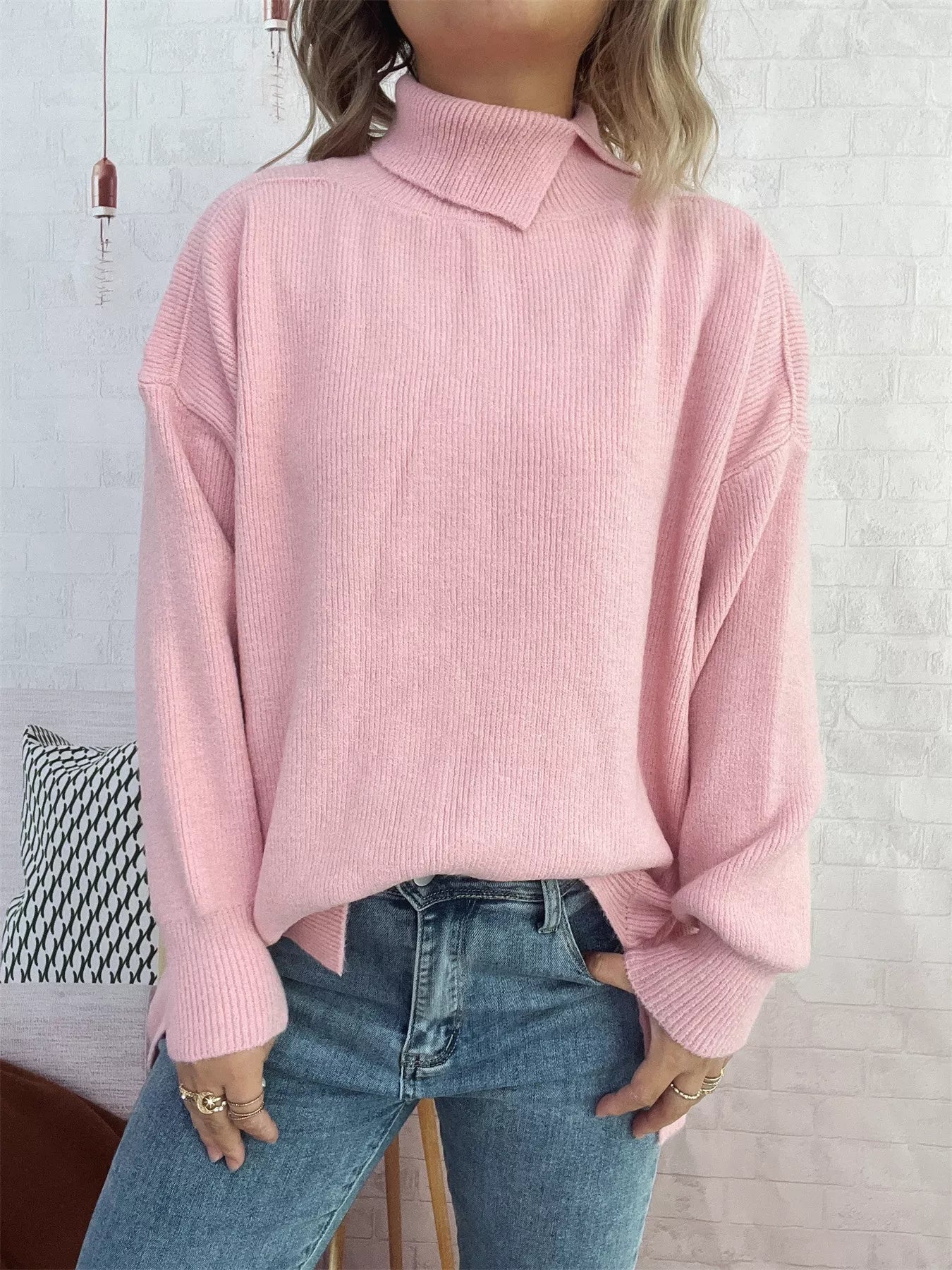 Slit Turtleneck Long Sleeve Sweater 