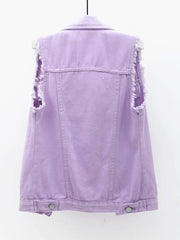 Full Size Button Down Raw Hem Sleeveless Denim Jacket Plus Size 