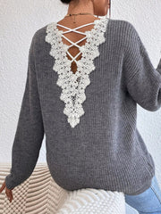 Lace-Trimmed Back V-Neck Sweater 