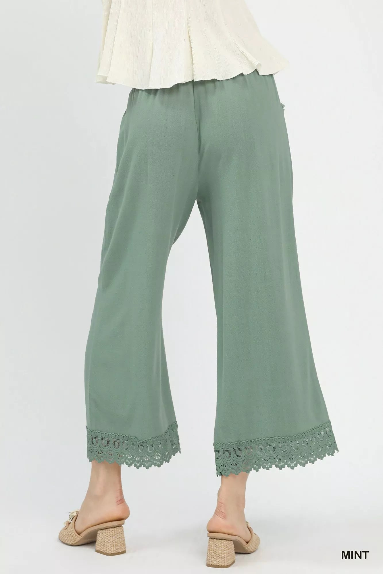 Umgee Linen Wide Leg Cropped Pants with Lace Trim 