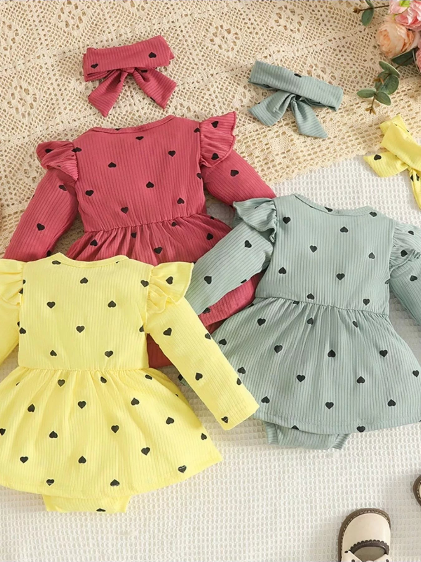 Children's Heart Print Dress & Headband Set 