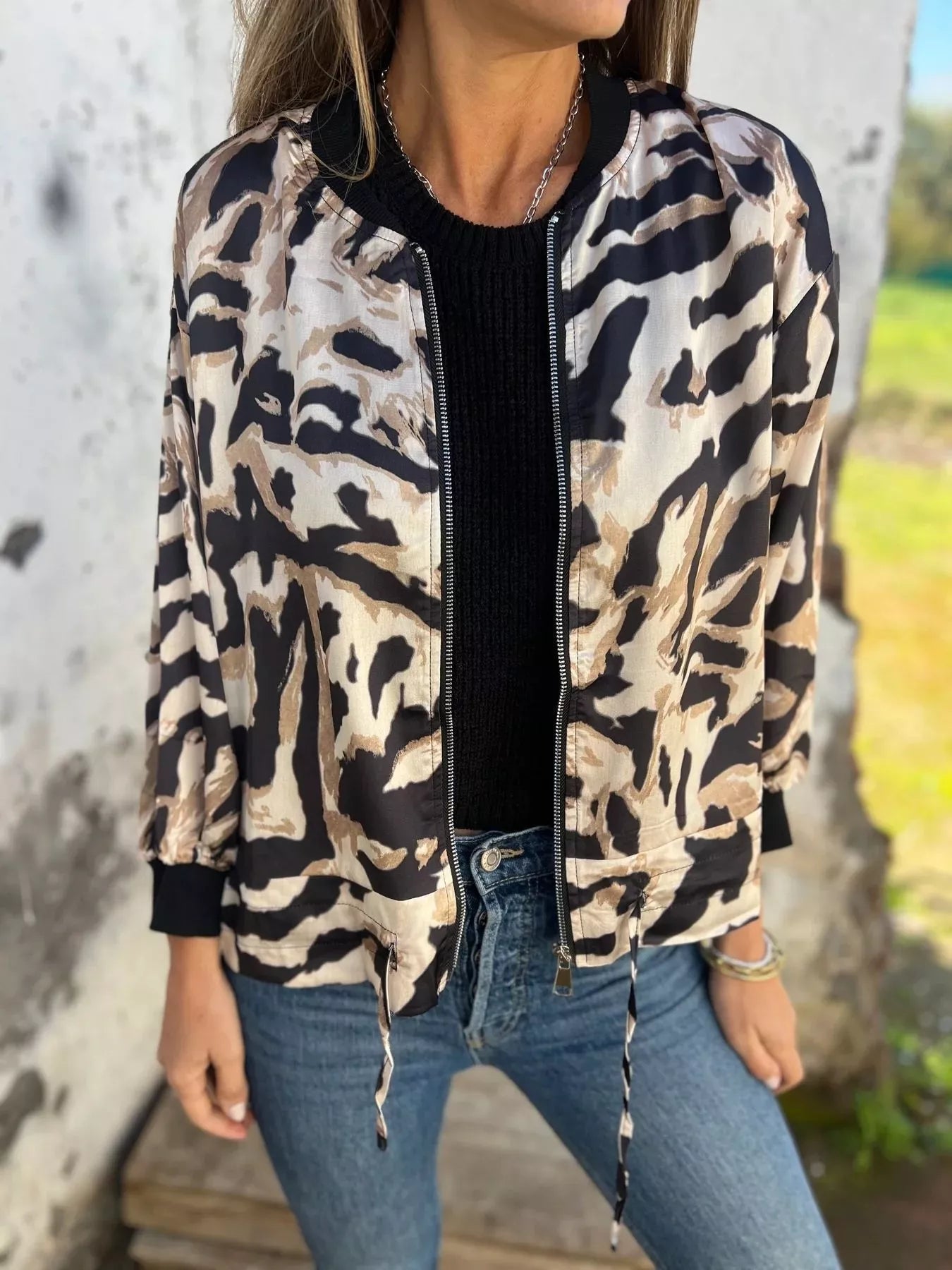 Full Size Zip Up Zebra Print Bomber Jacket Plus Size 