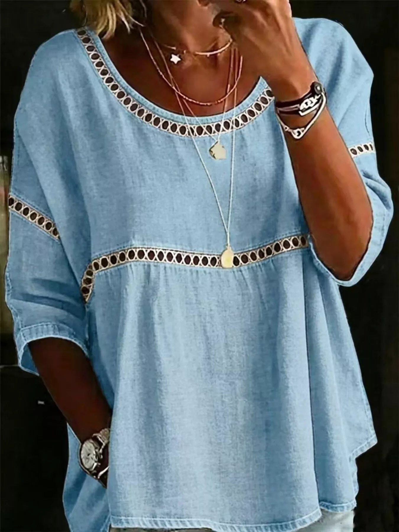 Full Size Hollow Out Round Neck Top Plus Size 