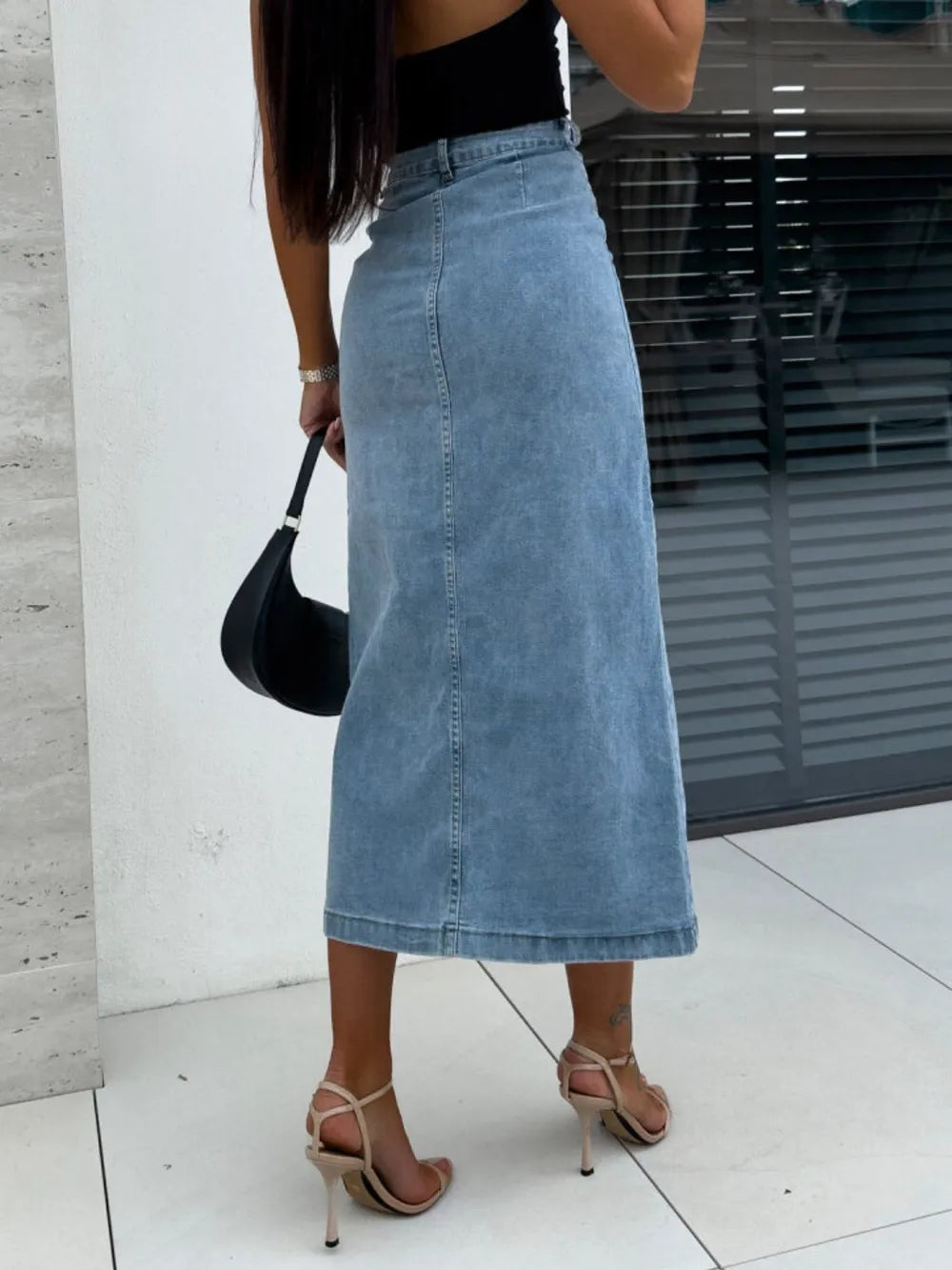 Front Button Slit Midi Denim Skirt 