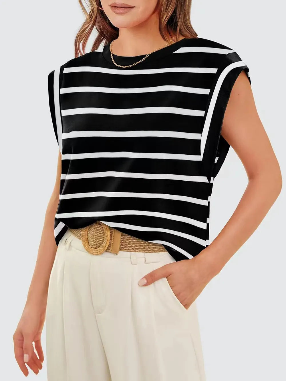 Striped Round Neck Cap Sleeve T-Shirt 
