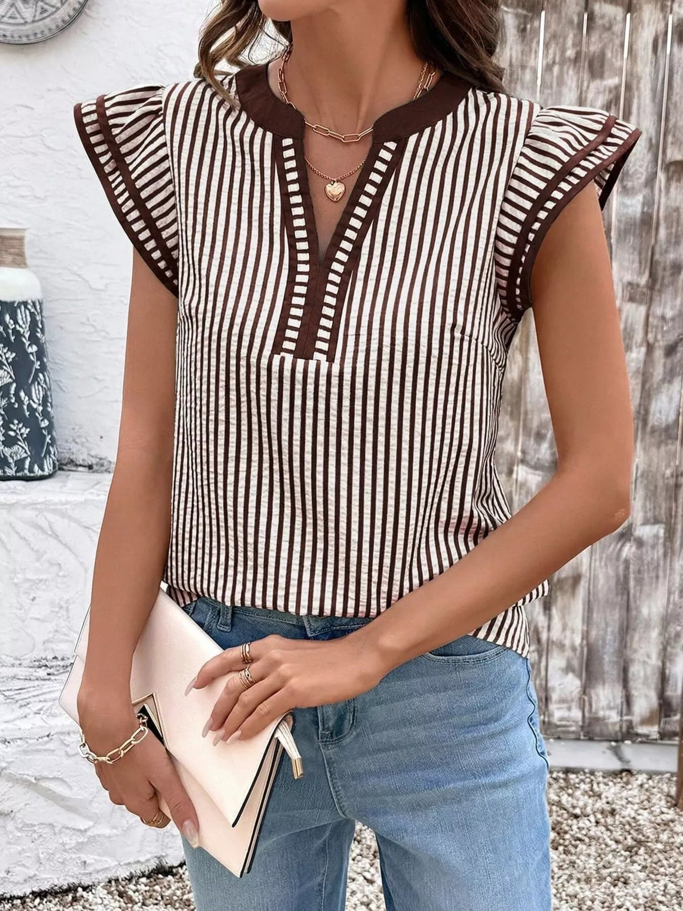 Striped Ruffle Sleeve Blouse 