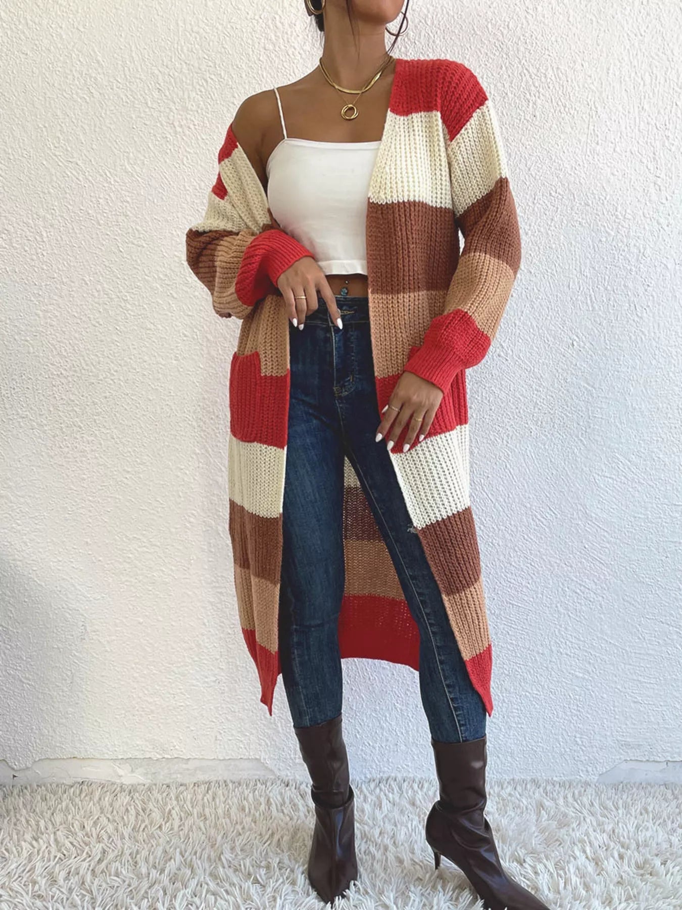 Striped Color Block Open Front Knit Cardigan 