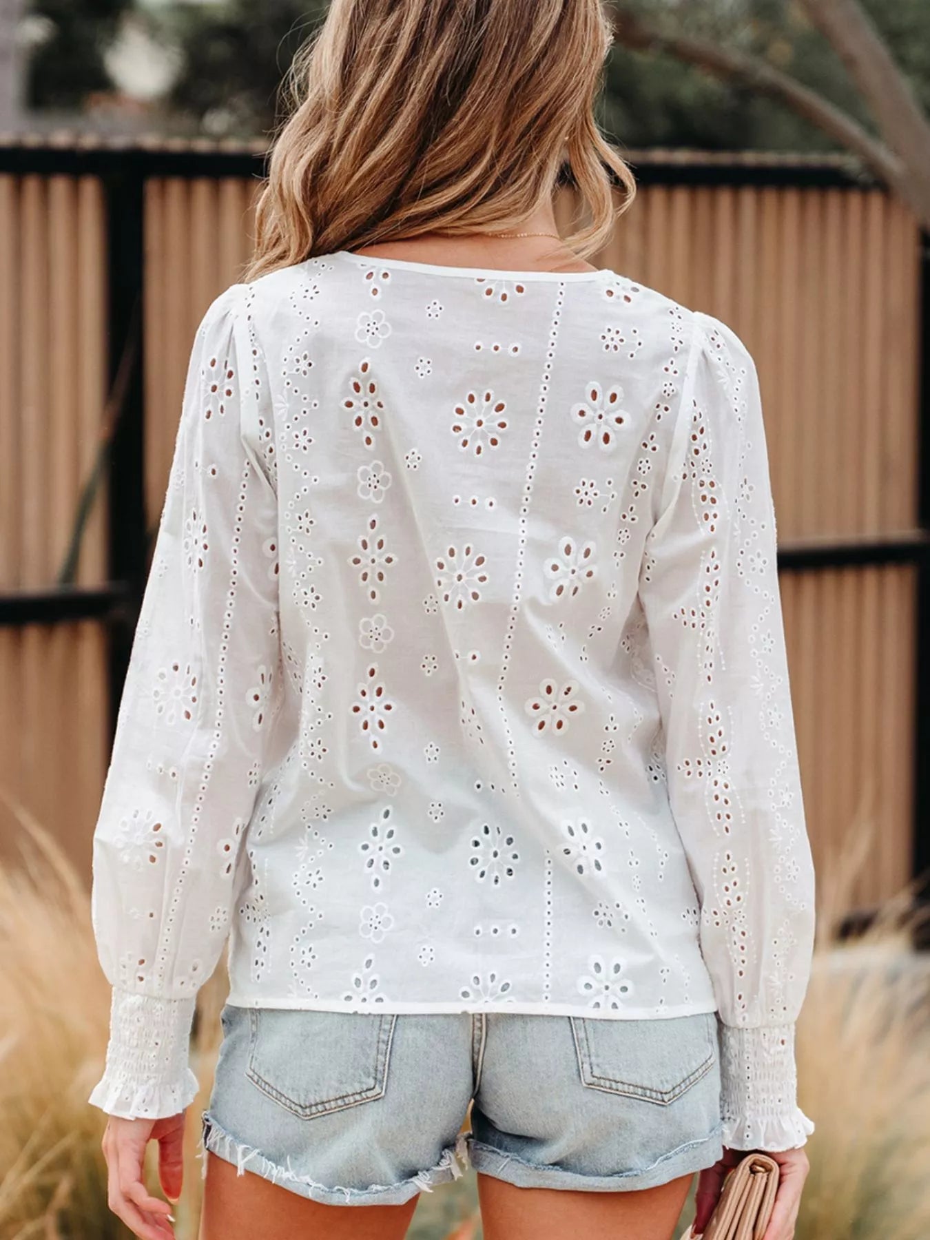 Eyelet Embroidered Smocked Cuff Sheer Blouse 