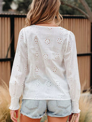 Eyelet Embroidered Smocked Cuff Sheer Blouse 