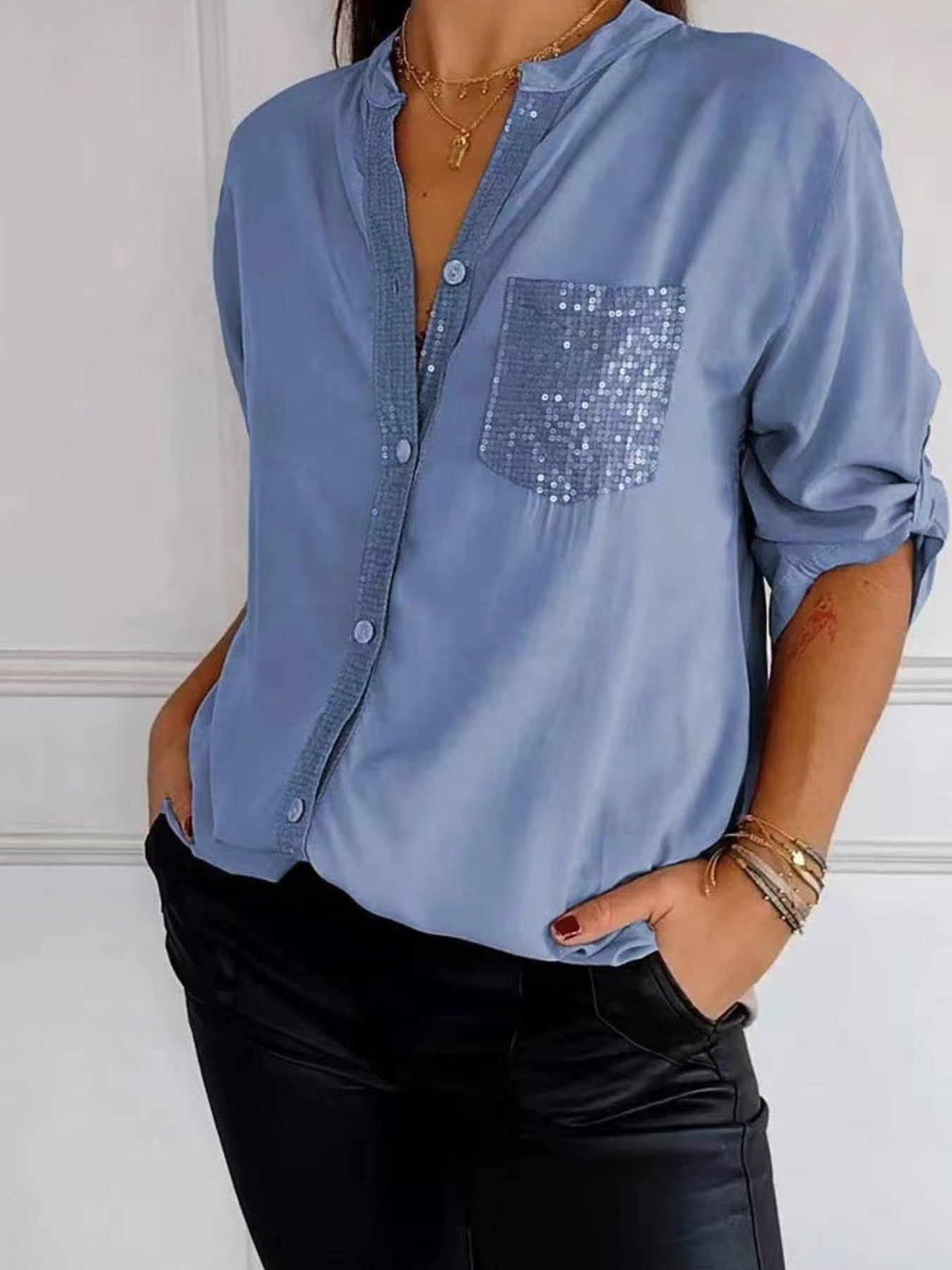 Full Size Sequin Detail Button-Down Shirt Plus Size 