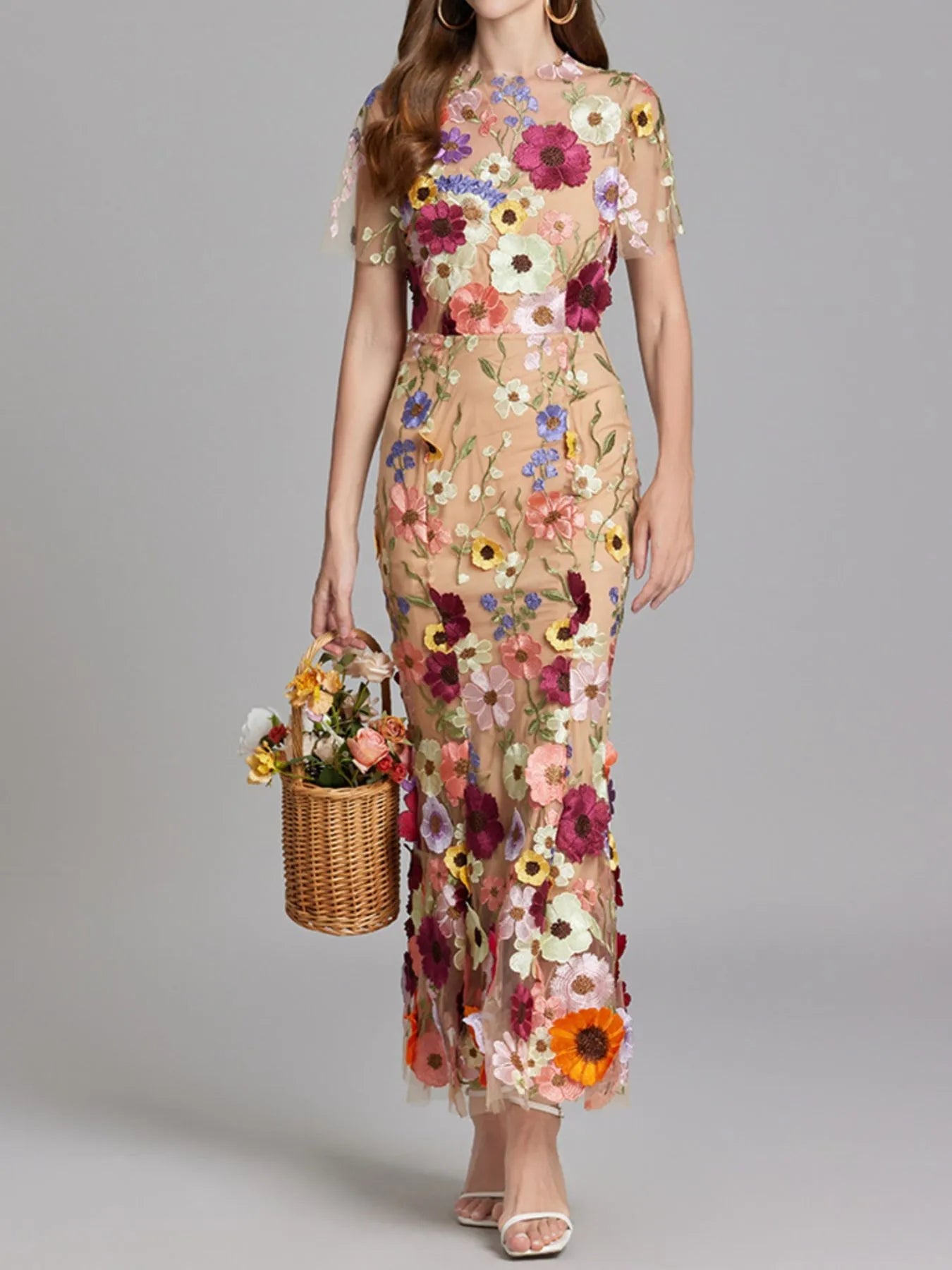 Floral Embroidered Mesh Overlay Maxi Dress 