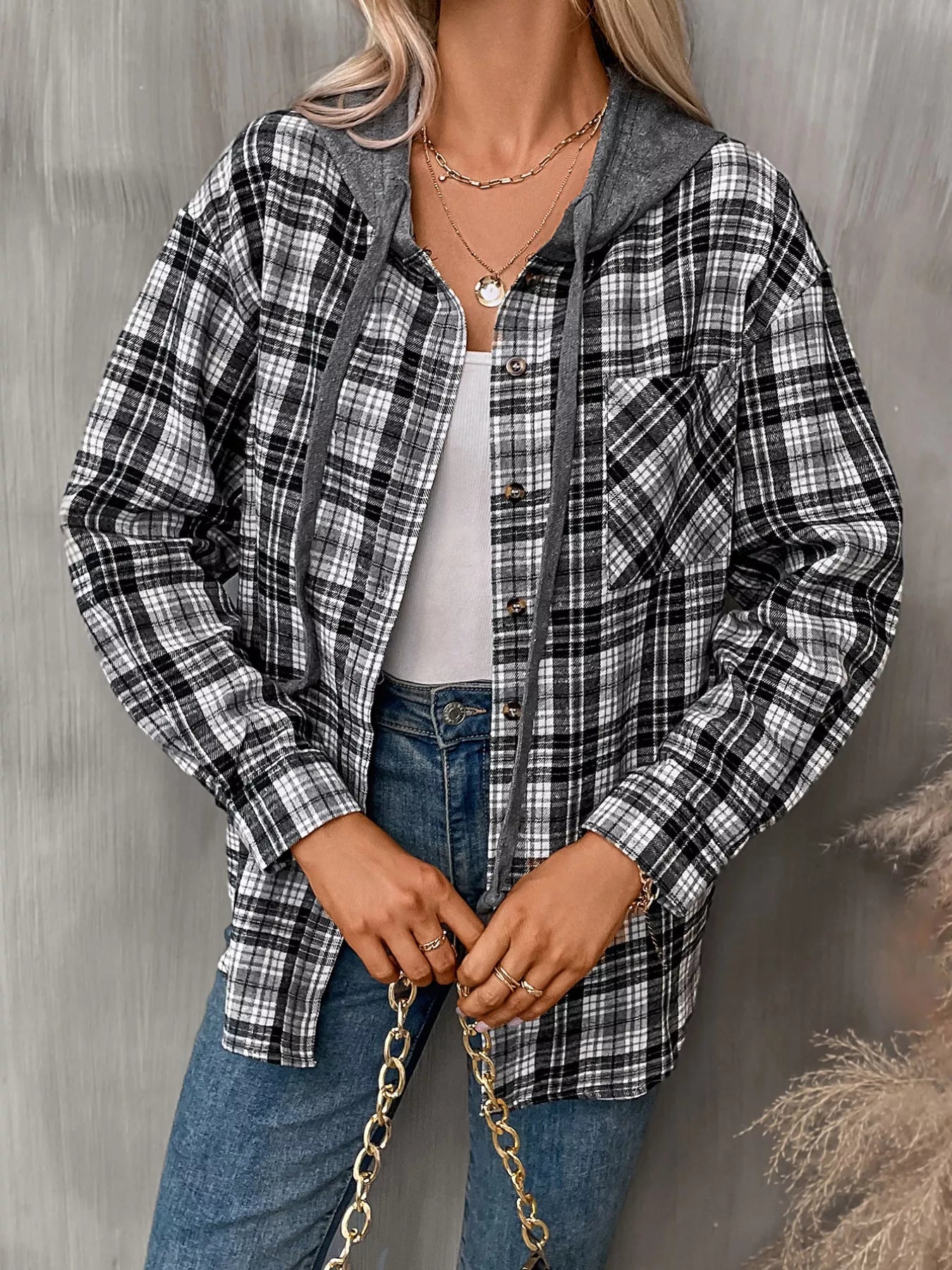Plaid Button-Up Hooded Shirt with Chest Pocket 