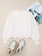 Floral Embroidered Scallop Hem Cropped Sweater 