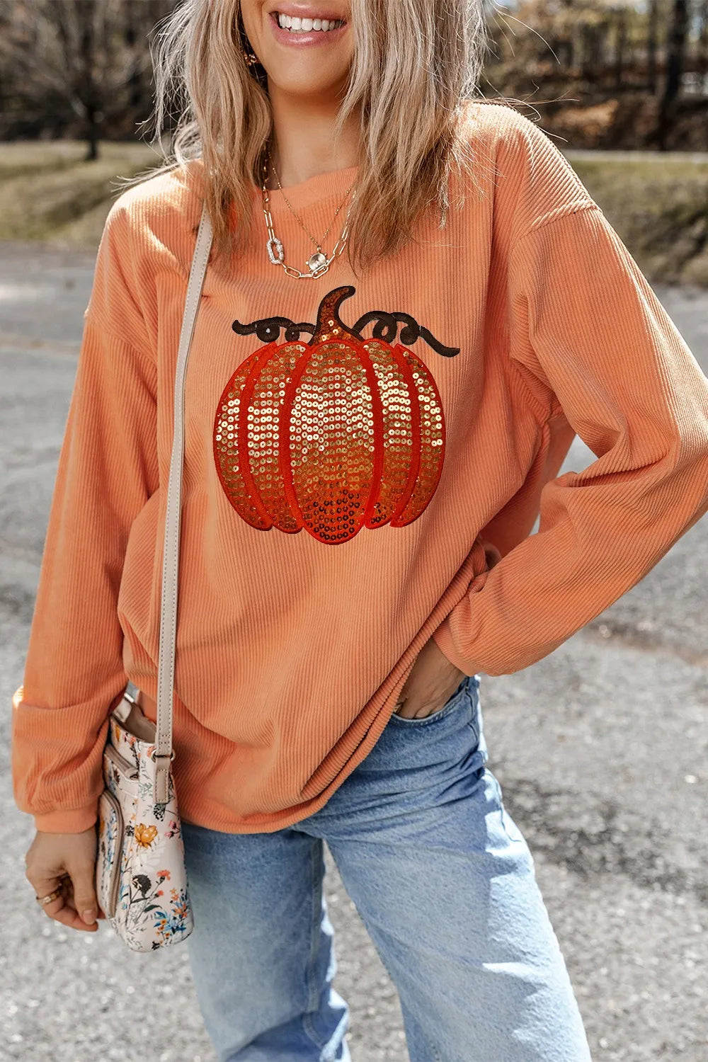 Sequin Pumpkin Round Neck Long Sleeve Sweatshirt 