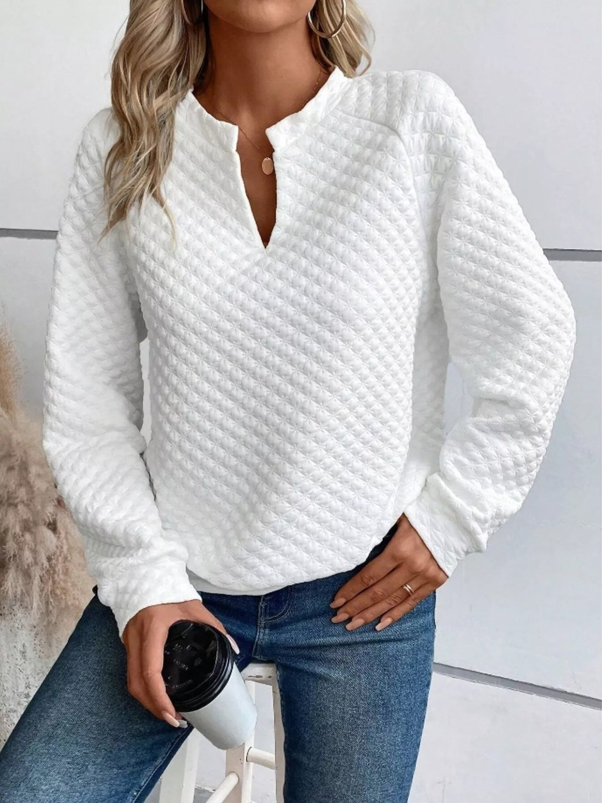 Textured Notched Raglan Sleeve Sweatshirt 