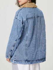 Button Up Collared Neck Plush Denim Jacket 