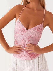 Floral Lace Up Back V-Neck Cami 