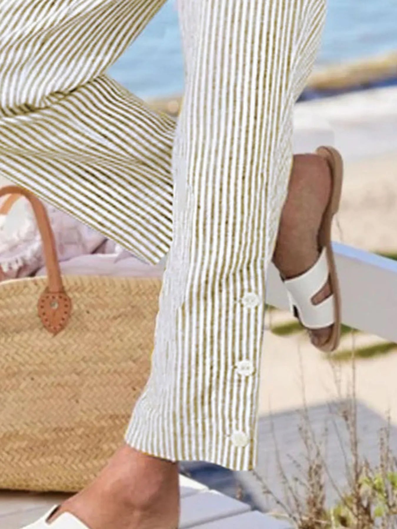 Full Size Striped Side Button Detail Pants Plus Size 