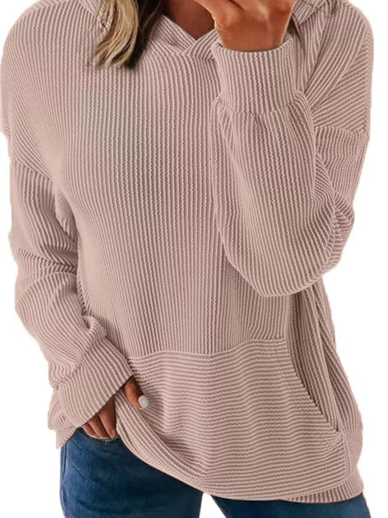 Ribbed Oversized Hoodie Sweatshirt with Pocket 