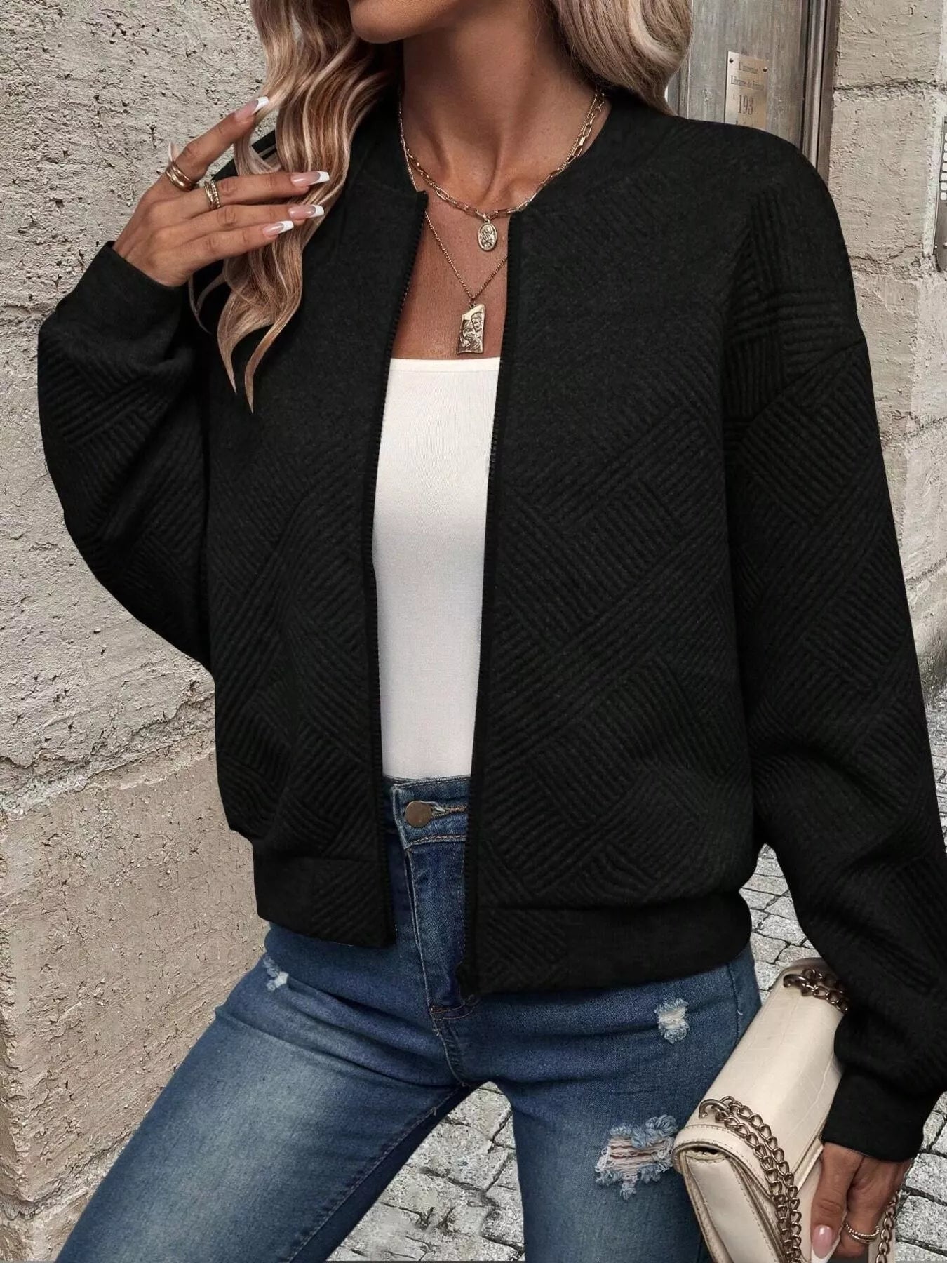 Full Size Zip Up Long Sleeve Textured Jacket Plus Size 