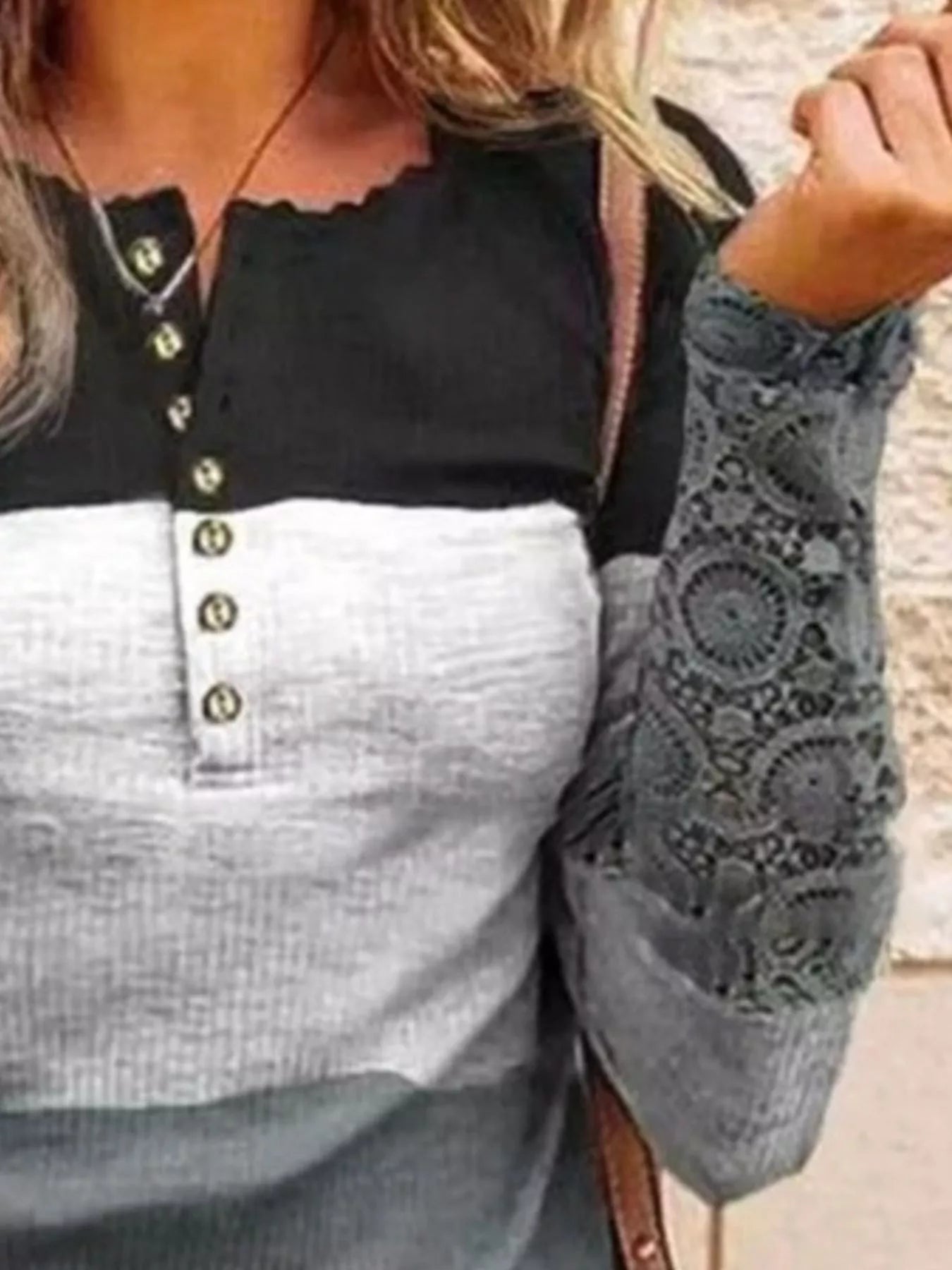Color Block Lace Detail Half Button T-Shirt 