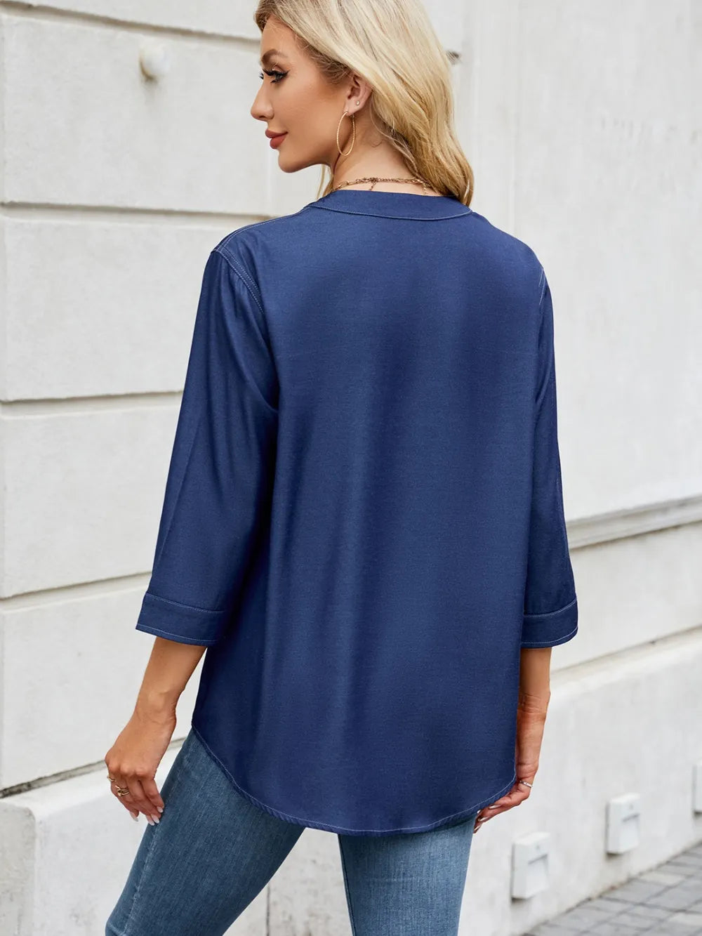 Notched Three-Quarter Sleeve Denim Top 