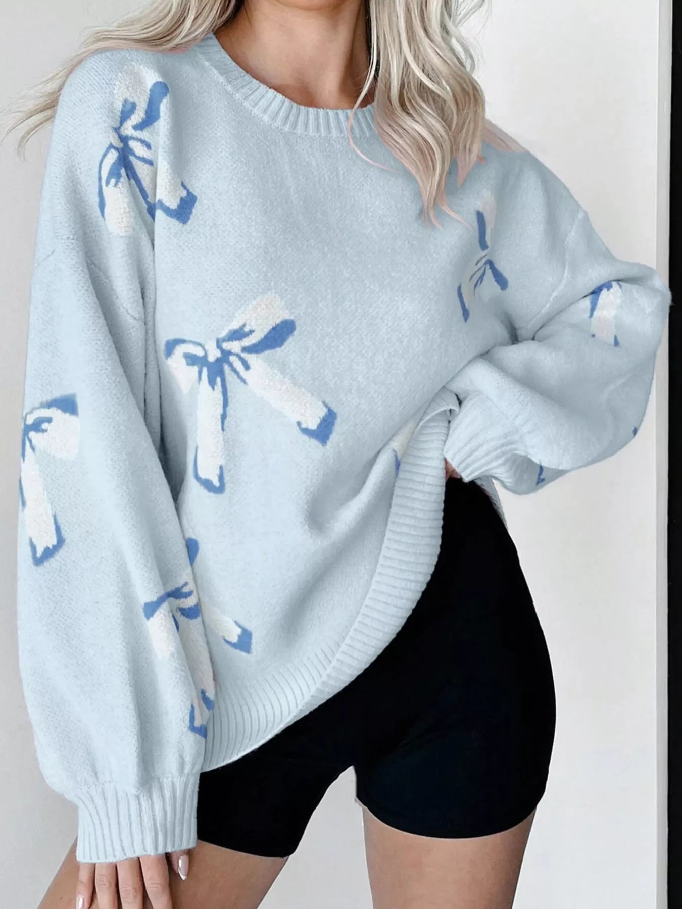 Bow Round Neck Dropped Shoulder Sweater 