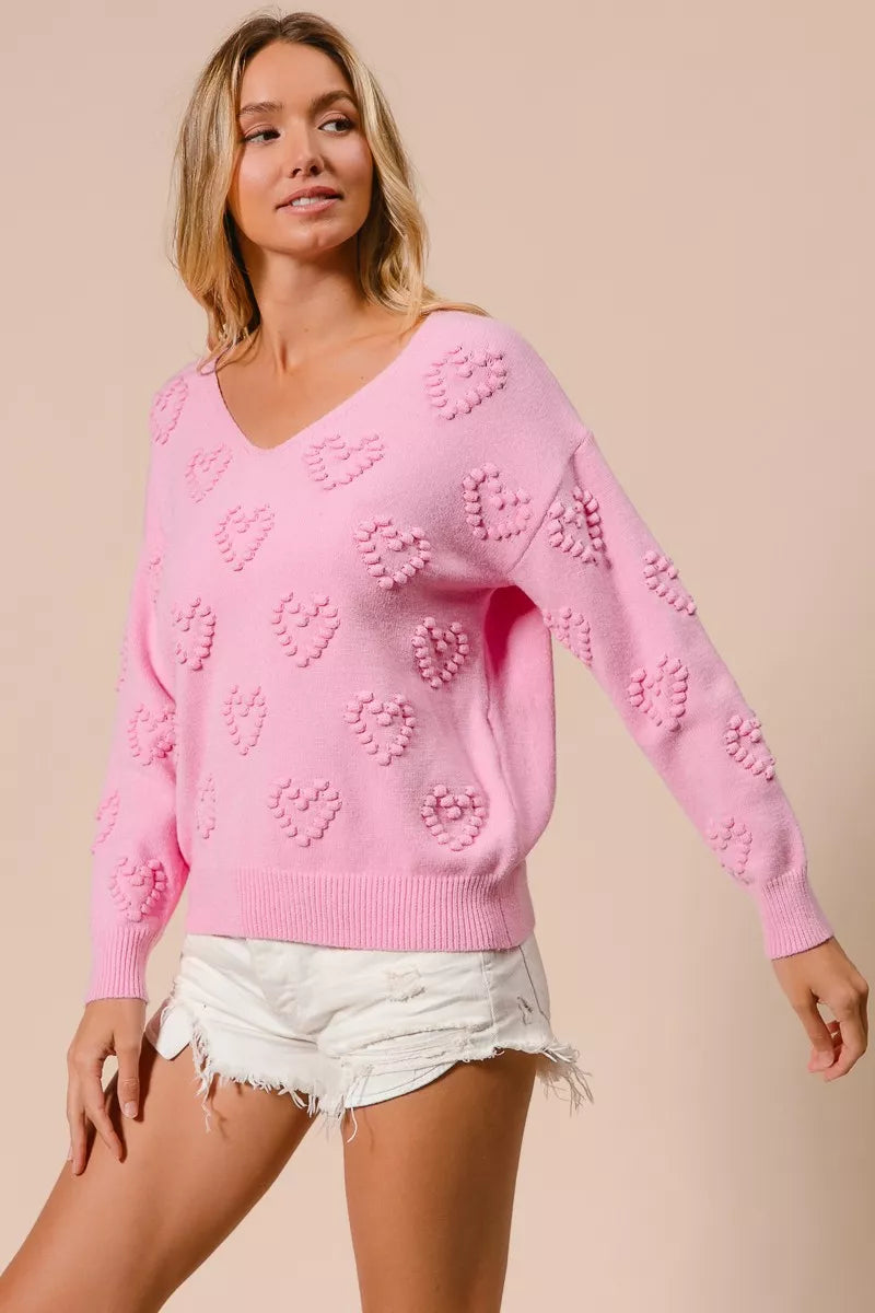 BiBi Valentines Heart Pompom V Neck Knit Top 
