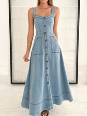 Wide Strap Sweetheart Neck Denim Dress 