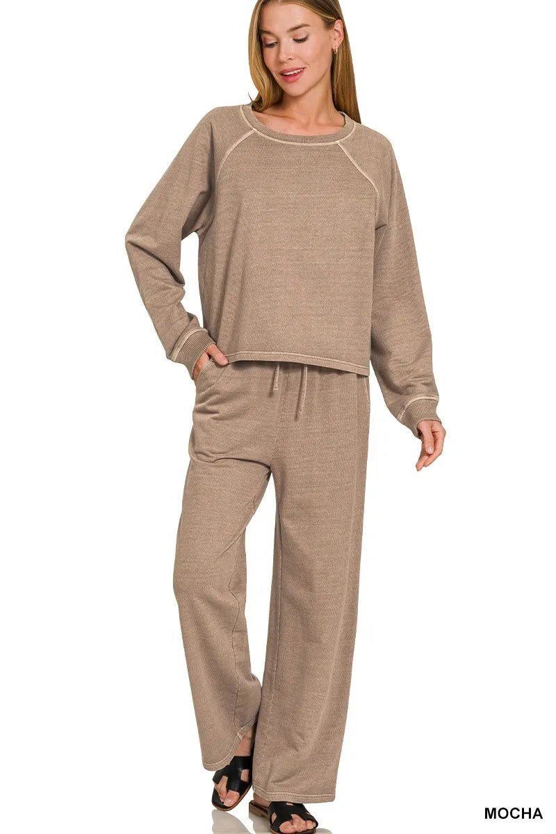 Zenana Washed F/terry Round Neck Pullover & Pants Set 