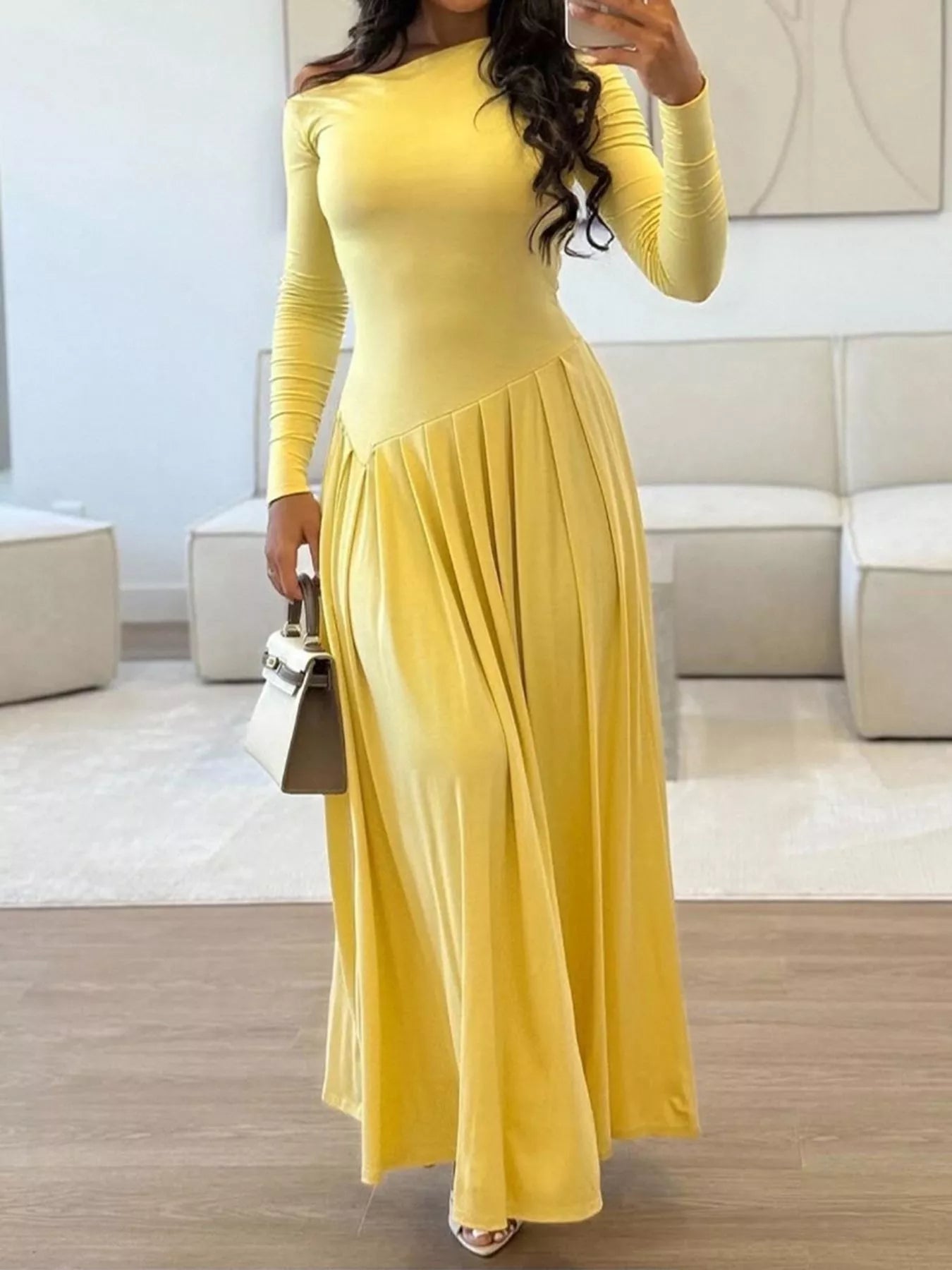 Ruched One Shoulder Long Sleeve Dress 