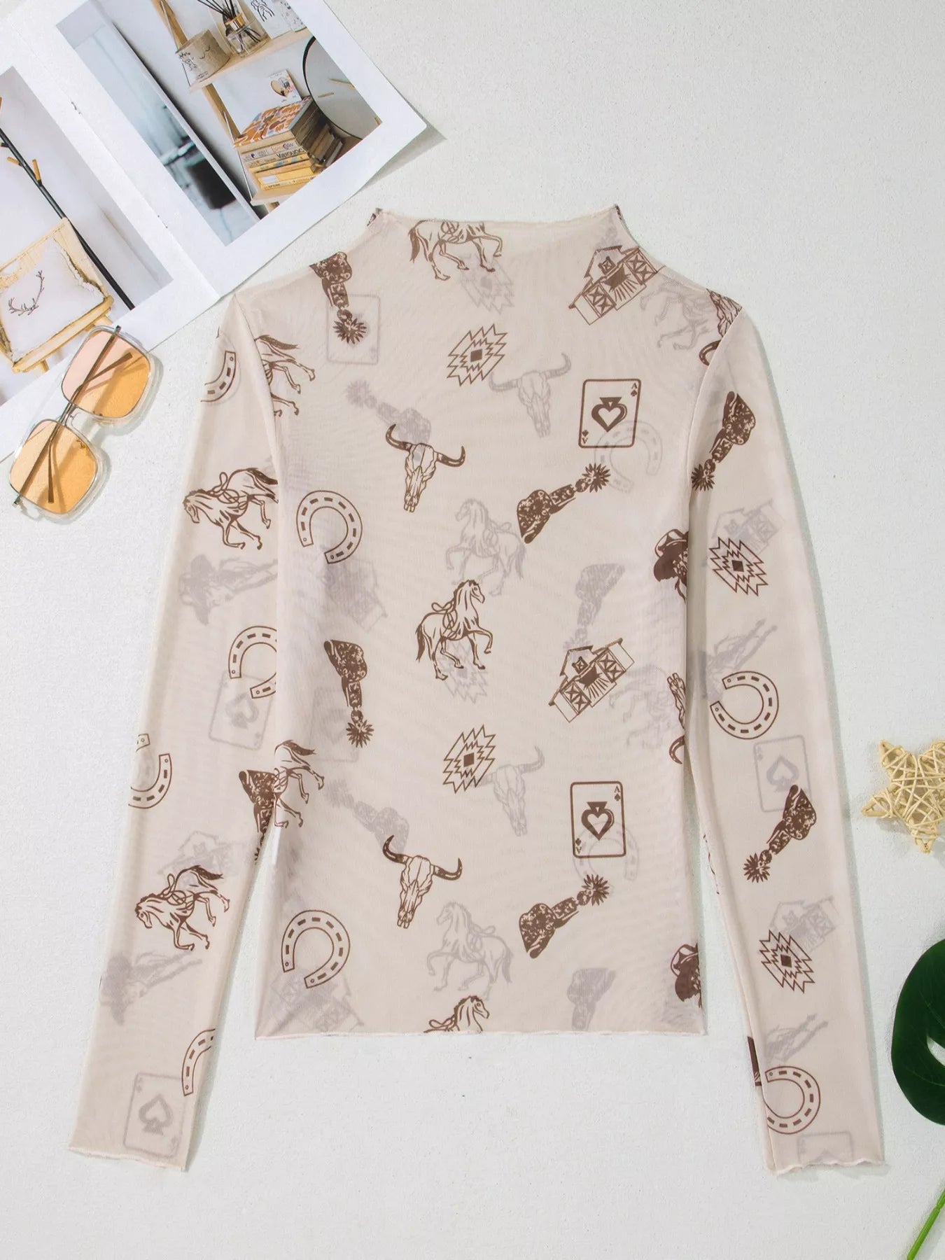 Western Print Slim Fit Mesh Long Sleeve Mock Neck Top 