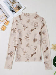 Western Print Slim Fit Mesh Long Sleeve Mock Neck Top 
