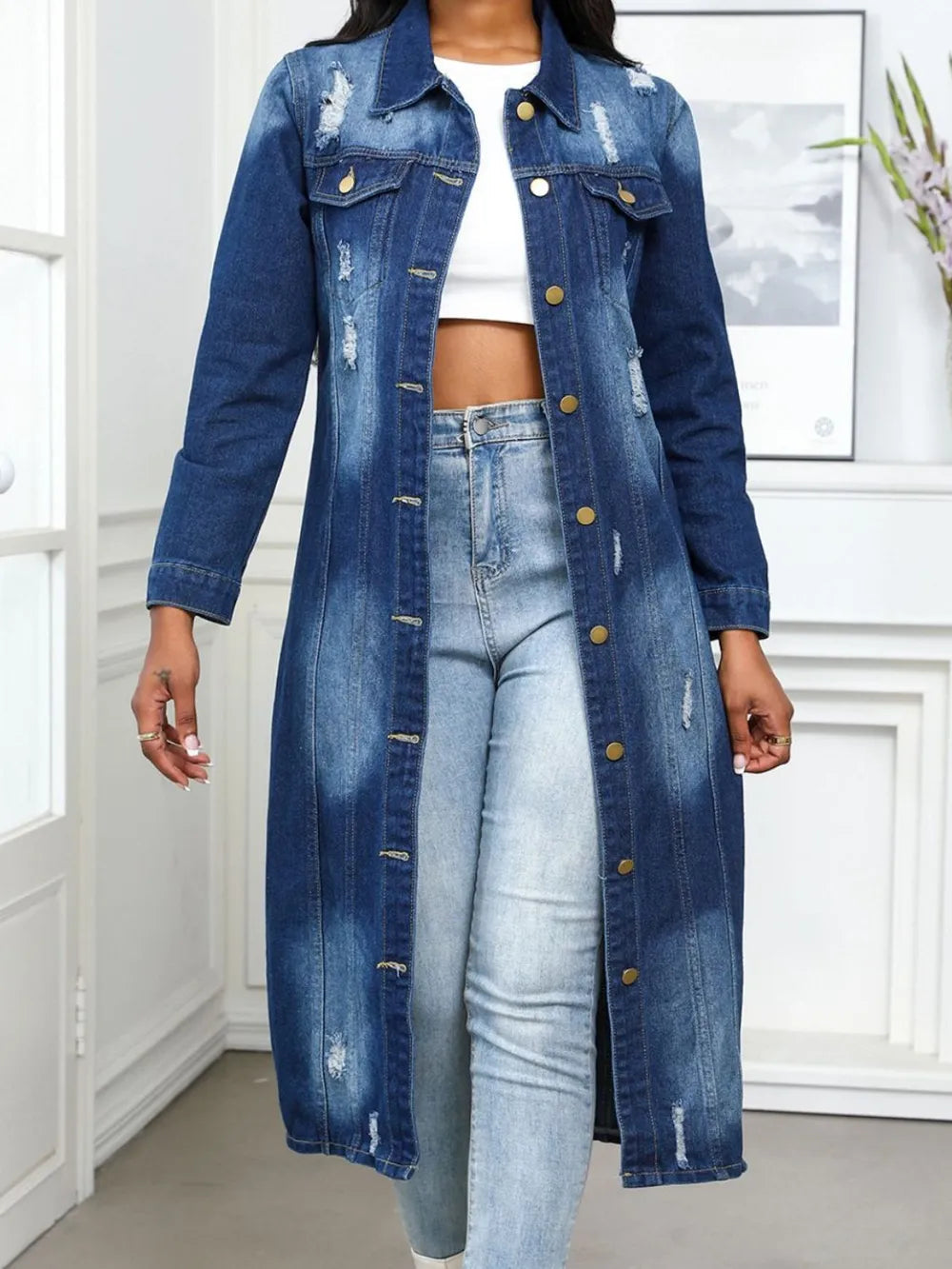 Distressed Button Up Collared Neck Denim Top 
