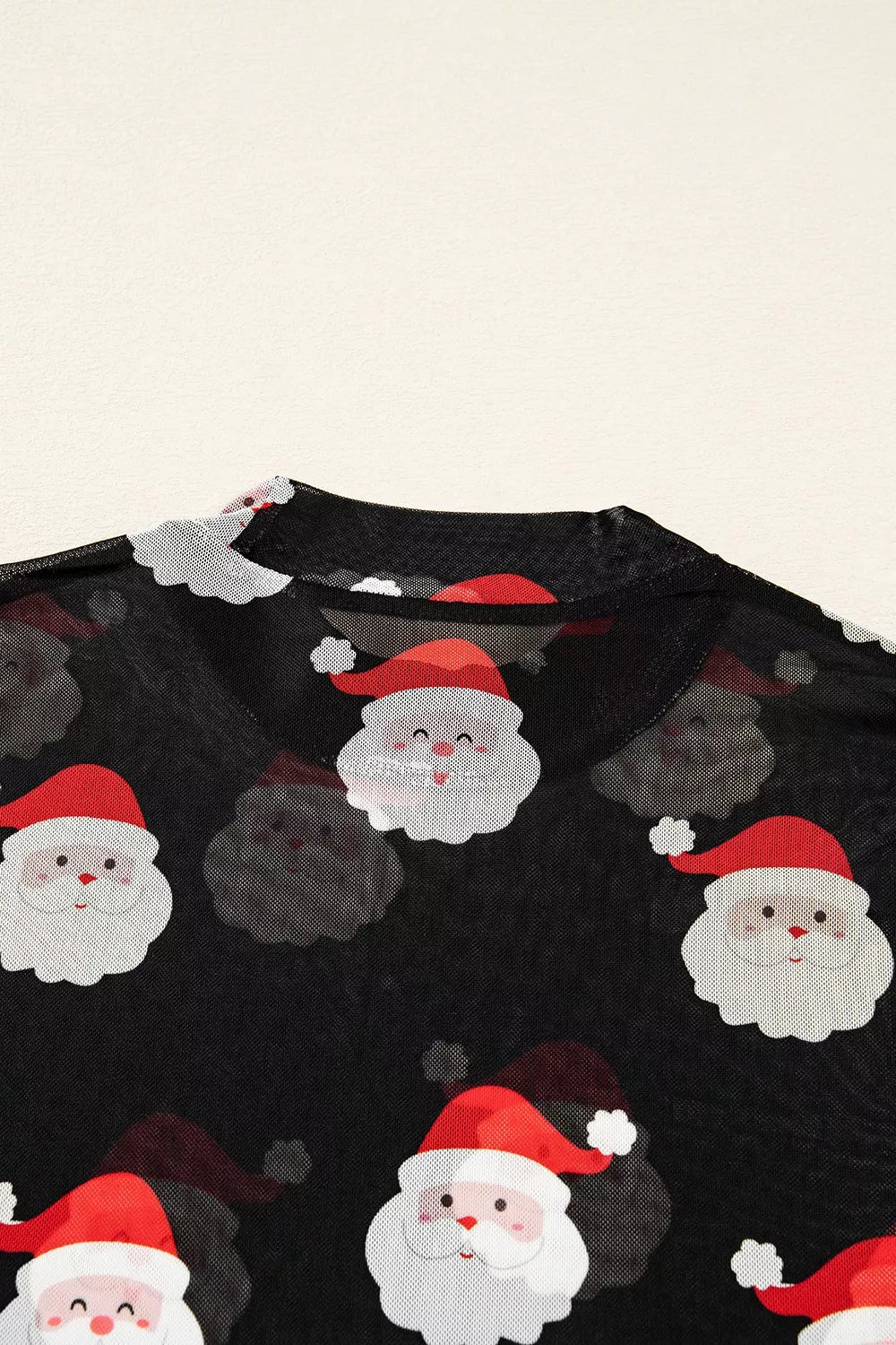 Christmas Santa Print Mesh Long Sleeve Top 