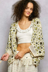 POL Open Front Floral Pattern Crochet Cardigan 