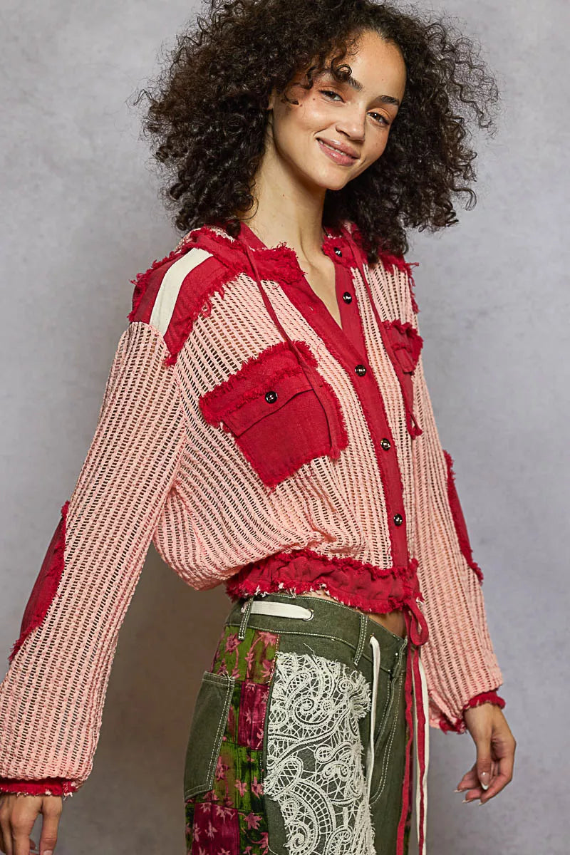 POL Texture Woven Button Down Hooded Shirt with Drawstring Hem 