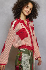 POL Texture Woven Button Down Hooded Shirt with Drawstring Hem 