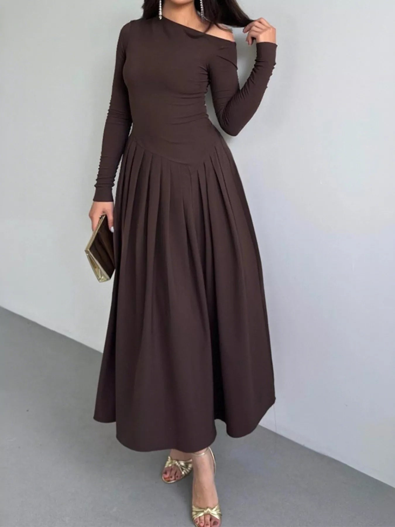 Ruched One Shoulder Long Sleeve Dress 