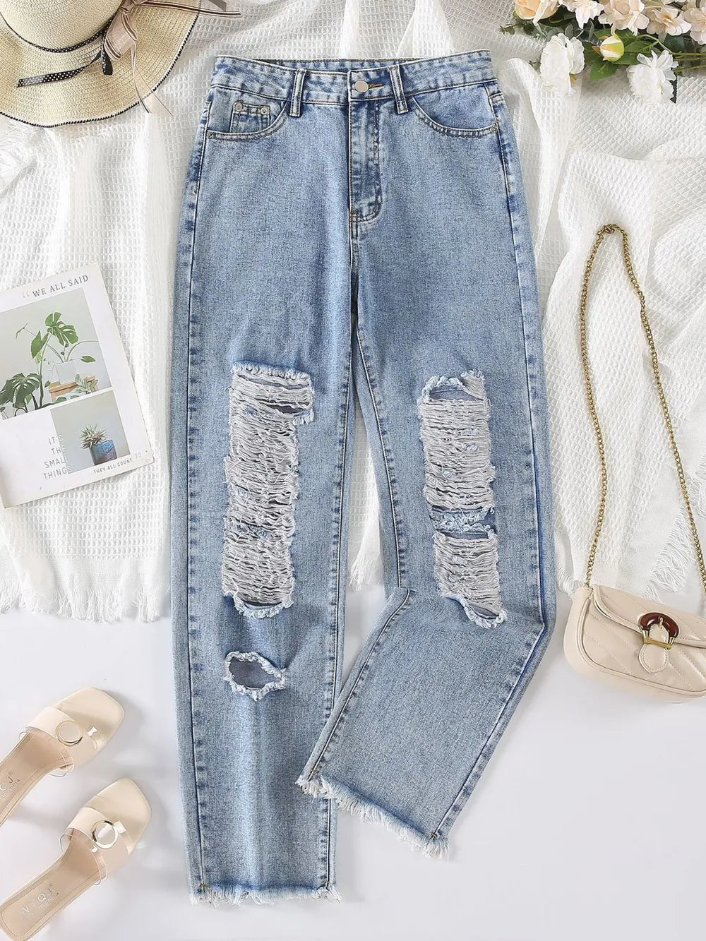 Distressed Raw Hem Jeans 
