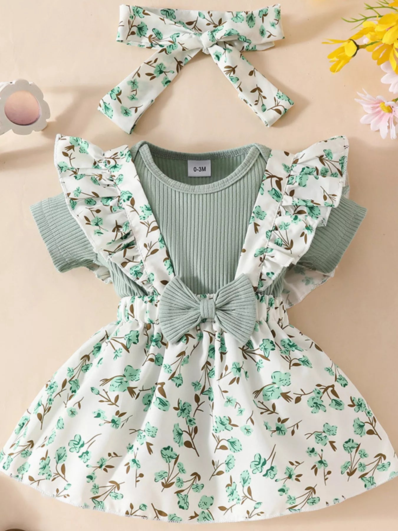 Children's Floral Print Ruffle Trim Baby Set with Headband 