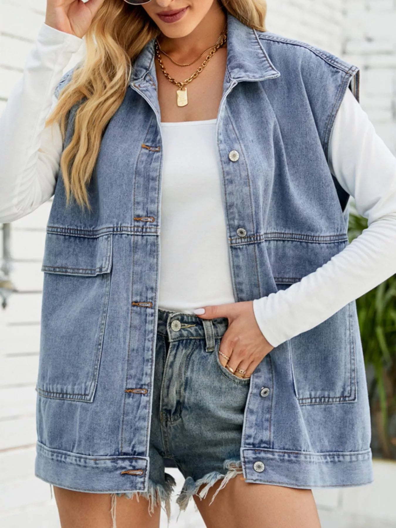 Sleeveless Button-Down Denim Jacket 