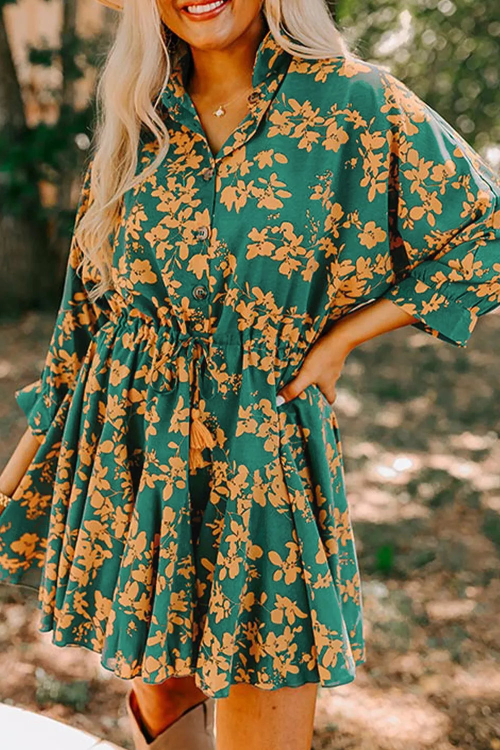 Printed Ruffled Hem Button Front Dress 