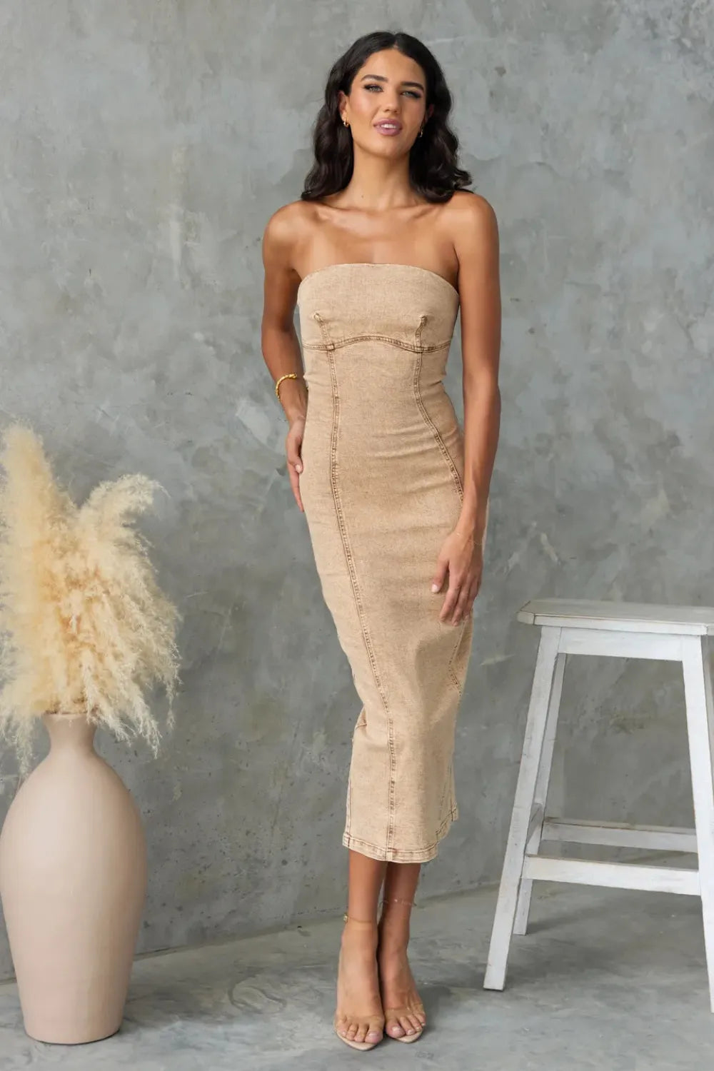 Washed Slit Back Tube Denim Dress 